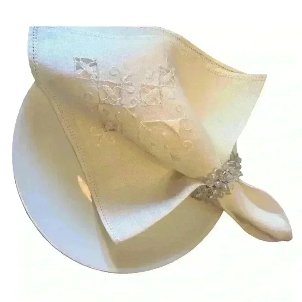 Vintage White Linen Napkins Hand Embroidered Cutwork Lace Heirloom Wedding 6 Ct
